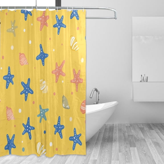 Cartoon Seashell Starfish Yellow Background Shower Curtains with 12 Hooks Waterproof Bathroom Decor 66" x 72"