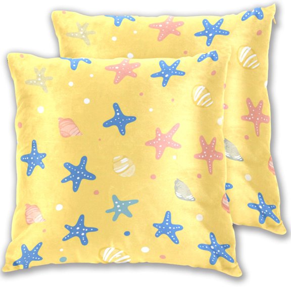 Cartoon Seashell Starfish Yellow Background Throw Pillow Covers Pillowcases 16 x 16 Inch Home Decor 2 Packs for Bedroom Sofa