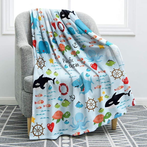 Cartoon Shark Blanket Blue Soft Warm Print Throw Blanket for Kids Adult Office Gift Twin 60"x80"