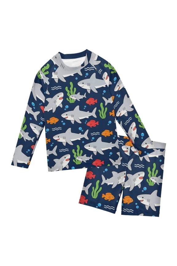 Cartoon Shark Boys' Bathing Suit UPF 50+ Boys' Rash Guard Sets Stretchy Quick Dry 3T-10T