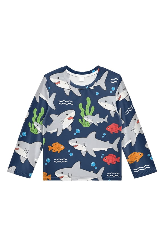 Cartoon Shark Boys' Rash Guard Shirts UPF 50 Plus Sun Protection Short Sleeve Swim Tees 4T
