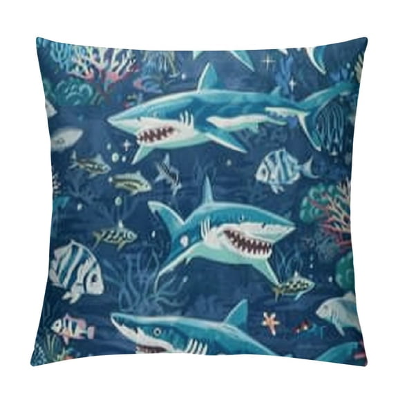 Cartoon Shark Crab Throw Pillow Covers for Kids Boys Girls,Coastal Animal Pillow Covers,Ocean Seaweed Coral Fish Cushion Covers,Marine Life Decorative Square Pillow Cases