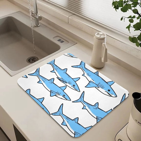 Cartoon Shark Design Dish Drying Mat for Kitchen Counter Absorbent Drainer Mats (15.7X11.8Inch)
