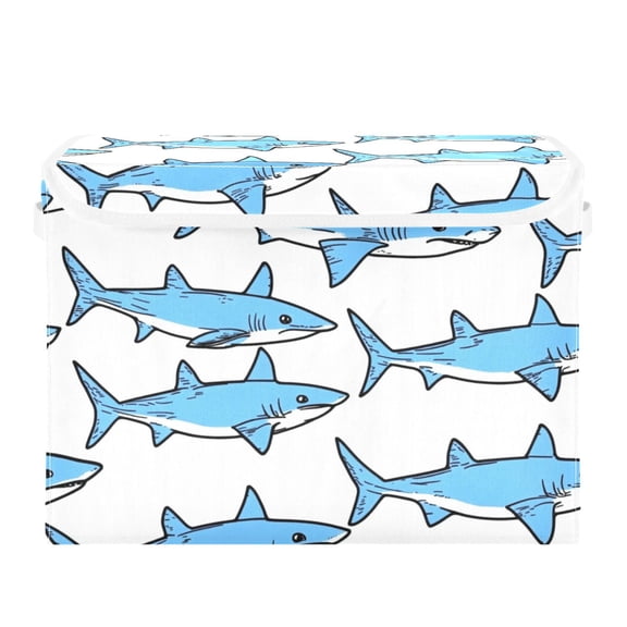 Cartoon Shark Design Large Storage Bins with Linen Collapsible Lid Storage Box 16.7 x 12.6 x 11.8in