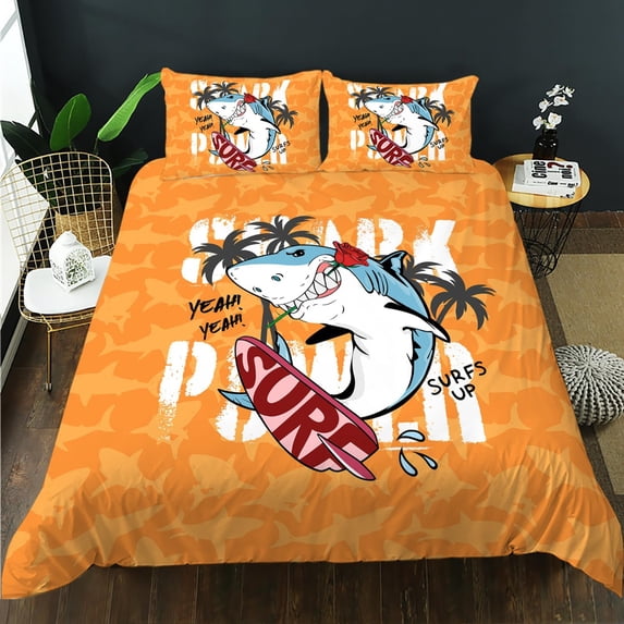 Cartoon Shark Duvet Cover, Cute Shark with Rose Bedding Set for Kids Boys Girls,Summer Surfing Theme Duvet Cover Set,3 PCS,1 Quilt Cover and 2 Pillowcases,Perfect for Kids Room