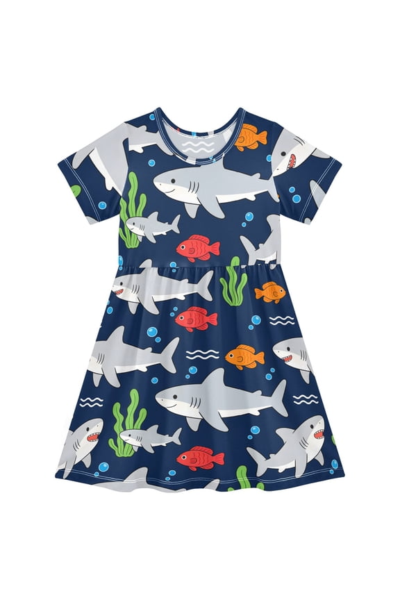 Cartoon Shark Girls Short Sleeve Dress A Line Sun Protection Breathable Comfort Sundress 4T