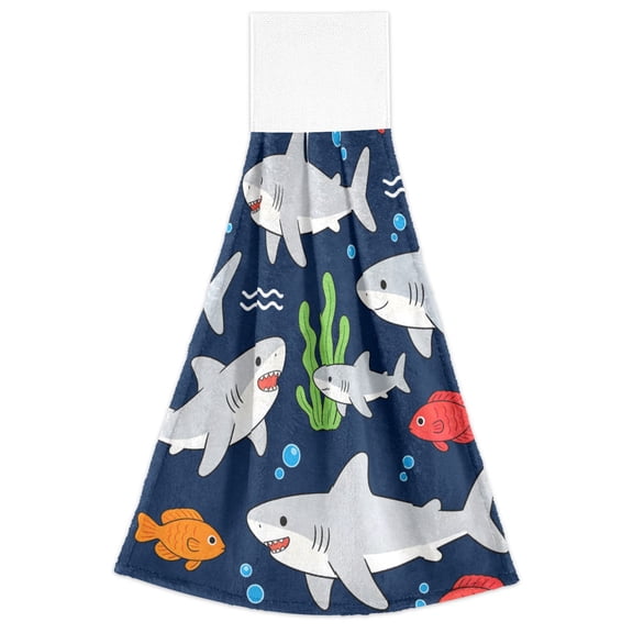 Cartoon Shark Hand Towels 2 Pack Quick Dry Velvet Soft with Velcro Kitchen Bath 14x18in
