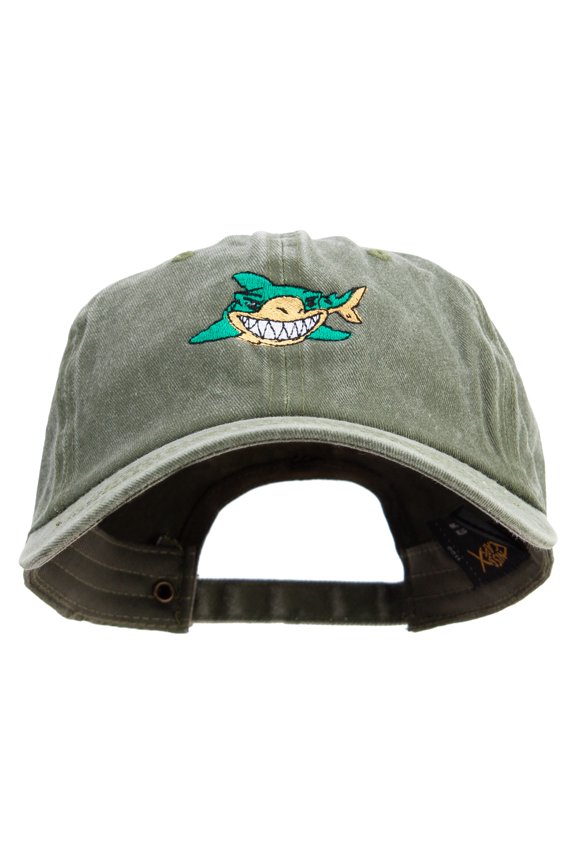 Cartoon Shark Logo Embroidered Cotton Twill Premium Pigment Dyed Cap - Olive OSFM