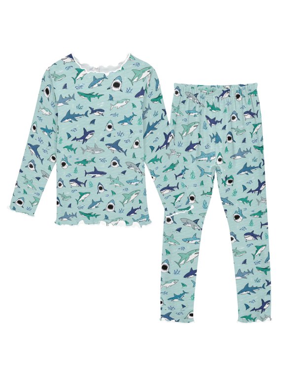 Cartoon Shark Long Sleeve Snug Fit Pajama Set 2 Piece Soft Warm Fleece Top and Pants Sleepwear PJs