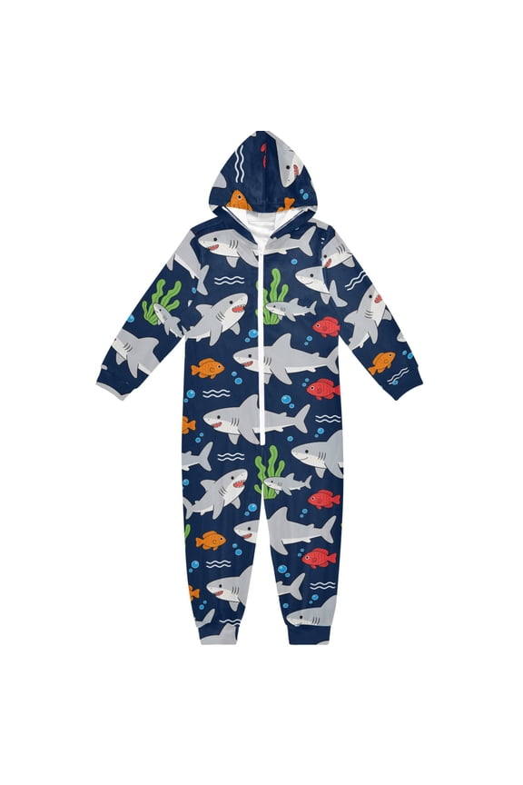 Cartoon Shark One Piece Pajamas Soft Jumpsuit Cozy Sleep and Play Romper Zipper and Pockets 4T