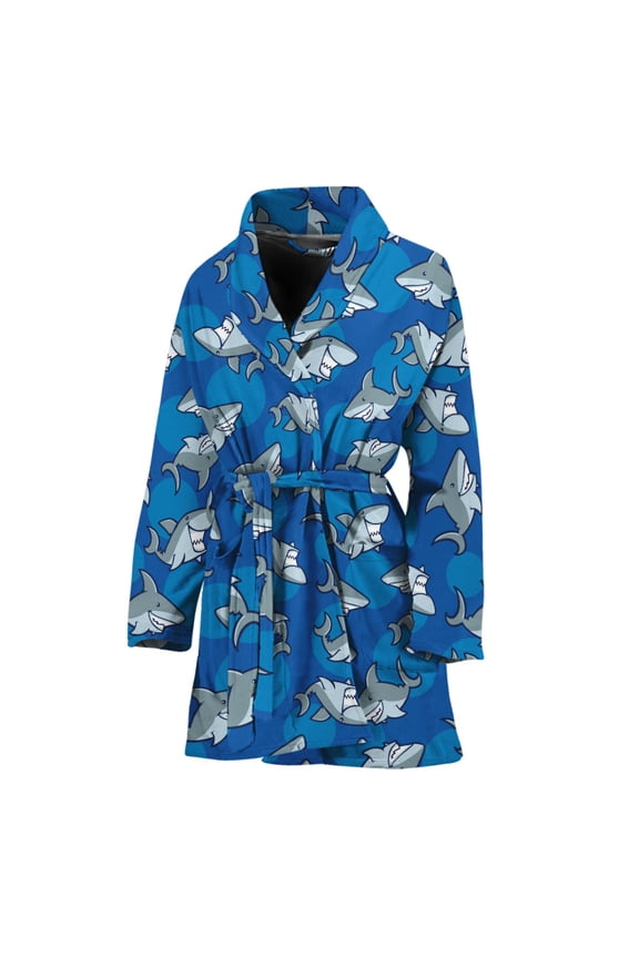 Cartoon Shark Pattern Women Bathrobe One Size Univeral Fits, Shark Ocean Animal Fashion Lightweight Plush Fleece Long Robe For Women
