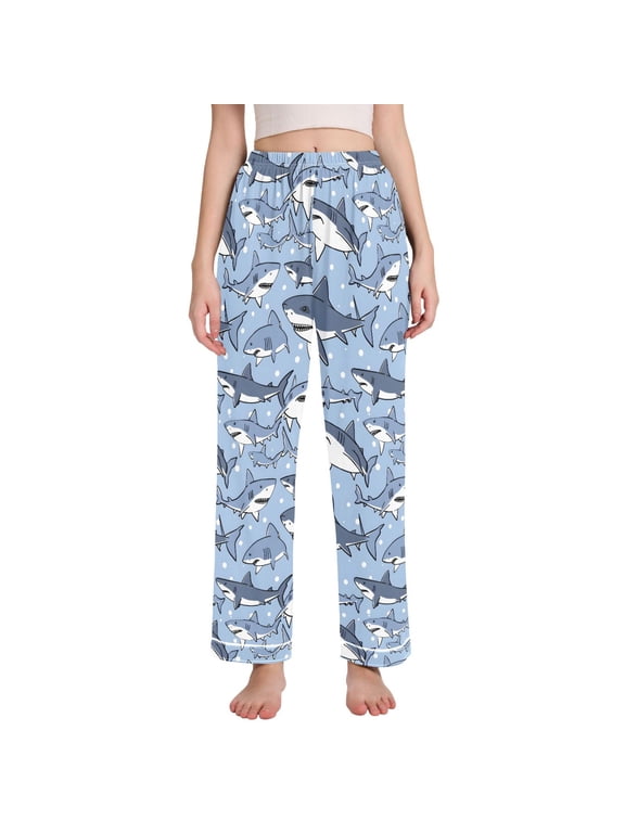 Cartoon Shark Pattern Women's Pajama Pants Straight Leg Sleep Bottoms with Pockets Contrast Trim Lounge Pants for Women Large