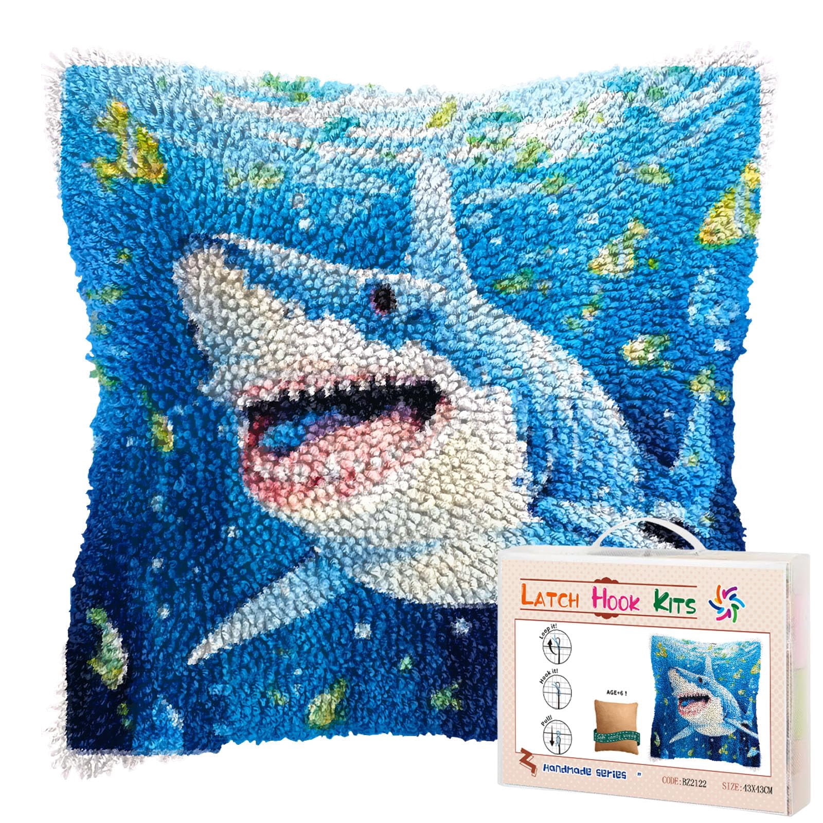 Cartoon Shark in Sea DIY Latch Hook Pillow Kits for Adults Printed Pillowcase Crochet Yarns Hooking Handmade Pillow Cover Cushion for Home Sofa Decoration 17x17inch(2)