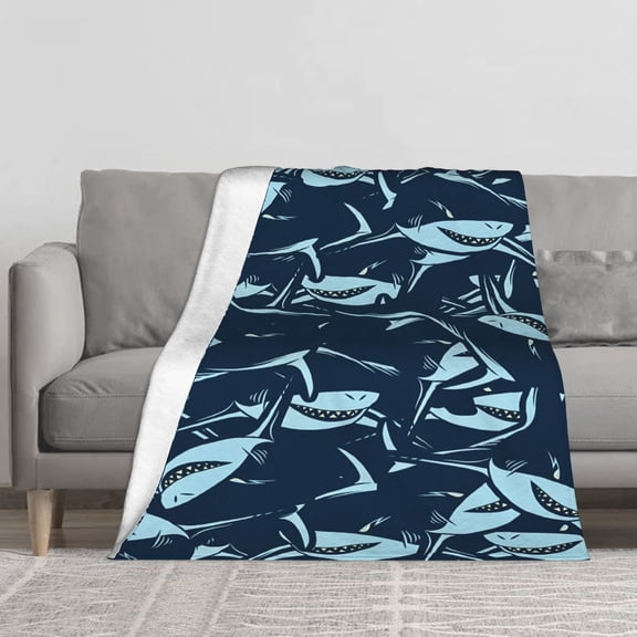 Cartoon Shark Seamless Pattern Dark Navy Background Flannel Throw Blanket, Reversible Sherpa Fleece Decor Blanket for Sofa Bed, Ocean Marine Animal Boys Kids Nautical Gift Blanket Multiple Sizes