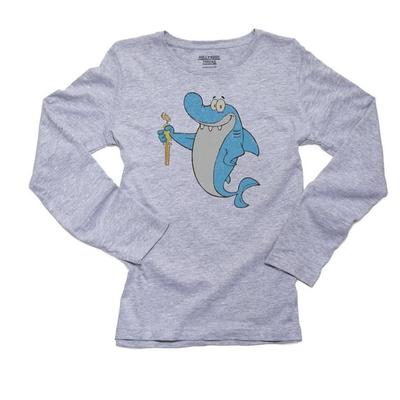 Cartoon Shark Smiling Holding Dad Snack Women's Long Sleeve Grey T-Shirt