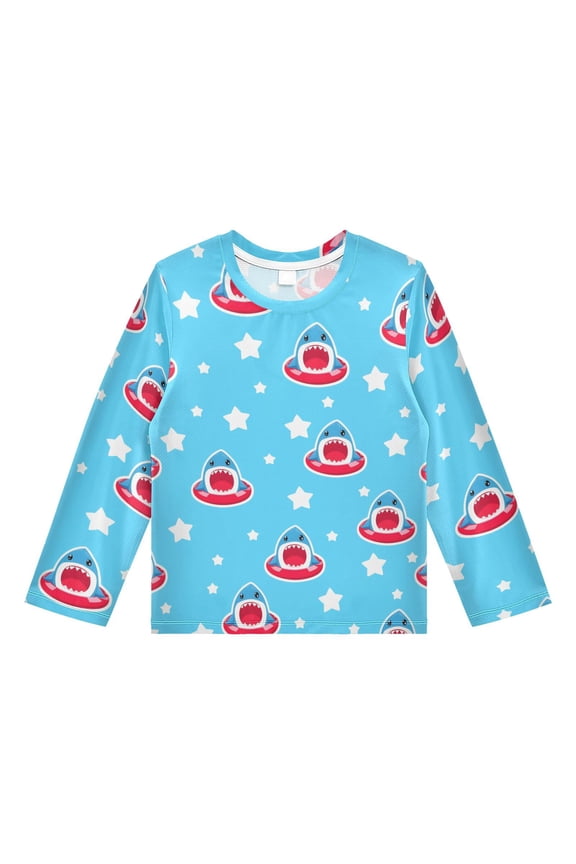 Cartoon Shark Star Pattern Boys' Rash Guard Shirts UPF 50 Plus Sun Protection Short Sleeve Swim Tees 11-12T