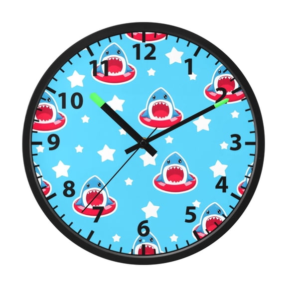 Cartoon Shark Star Pattern Wall Clock 12 Inch Voice Activated Night Light Silent Non Ticking