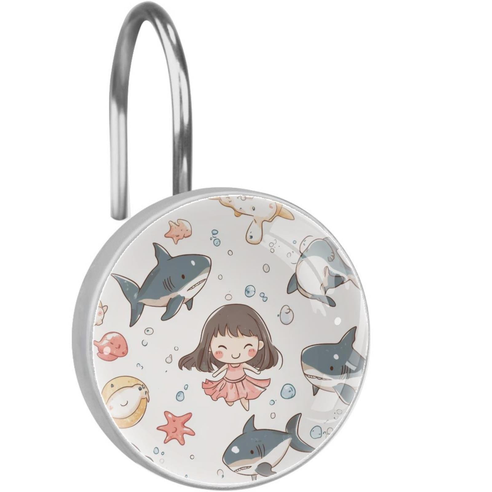 Cartoon Shark Starfish Girl Shower Curtain Hooks Round Crystal Glass, Set of 12 Shower Curtain Rings - Shower Hooks for Curtain Shower Rings