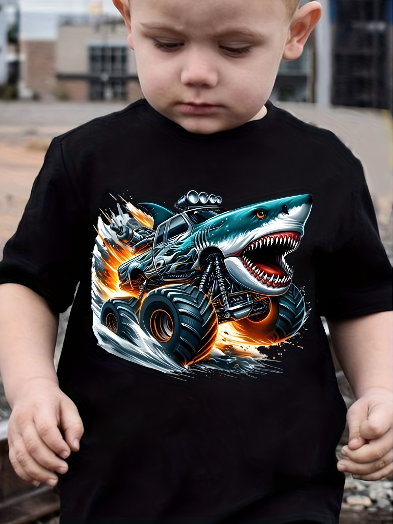 Cartoon Shark Truck Graphic Print Tee, Boys' Casual & Trendy Crew Neck ...