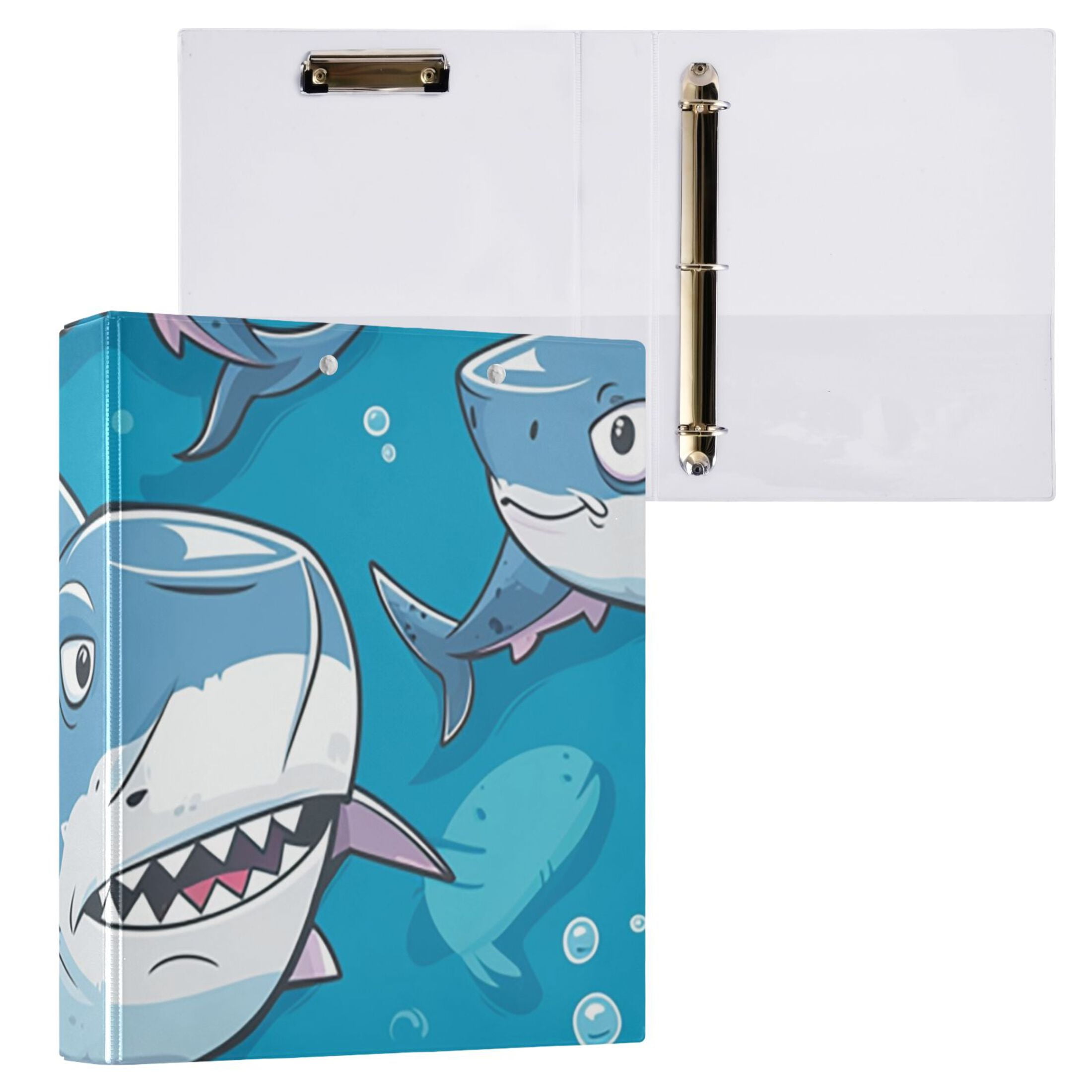 Cartoon Sharks 3 Ring Binders 1.5 inch Hardcover File Folders with Interior Pockets A4 Size Organizer for School Office Hospital