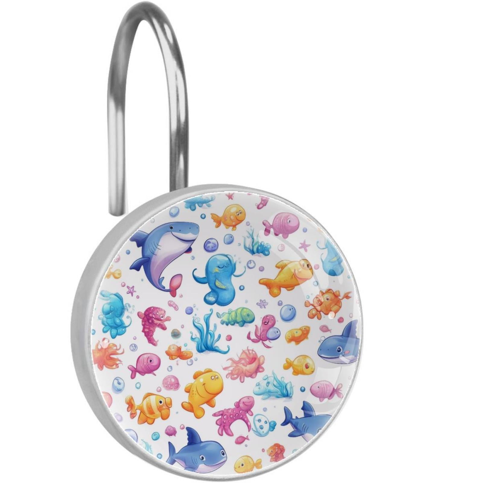 Cartoon Sharks Fishes Shower Curtain Hooks Round Crystal Glass, Set of 12 Shower Curtain Rings - Shower Hooks for Curtain Shower Rings