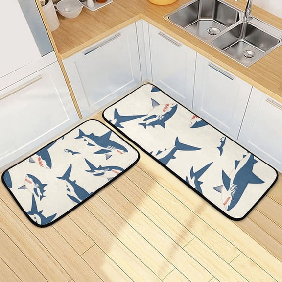 Cartoon Sharks Kitchen Mat Set of 2 Cushioned Non Slip Rugs for Bedroom Floor Runner Mats