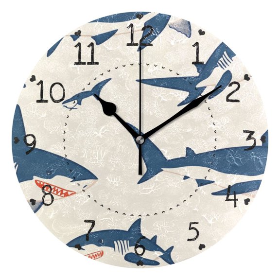 Cartoon Sharks Round Wall Clock Silent Battery Operated Home Decor for Living Room Bedroom