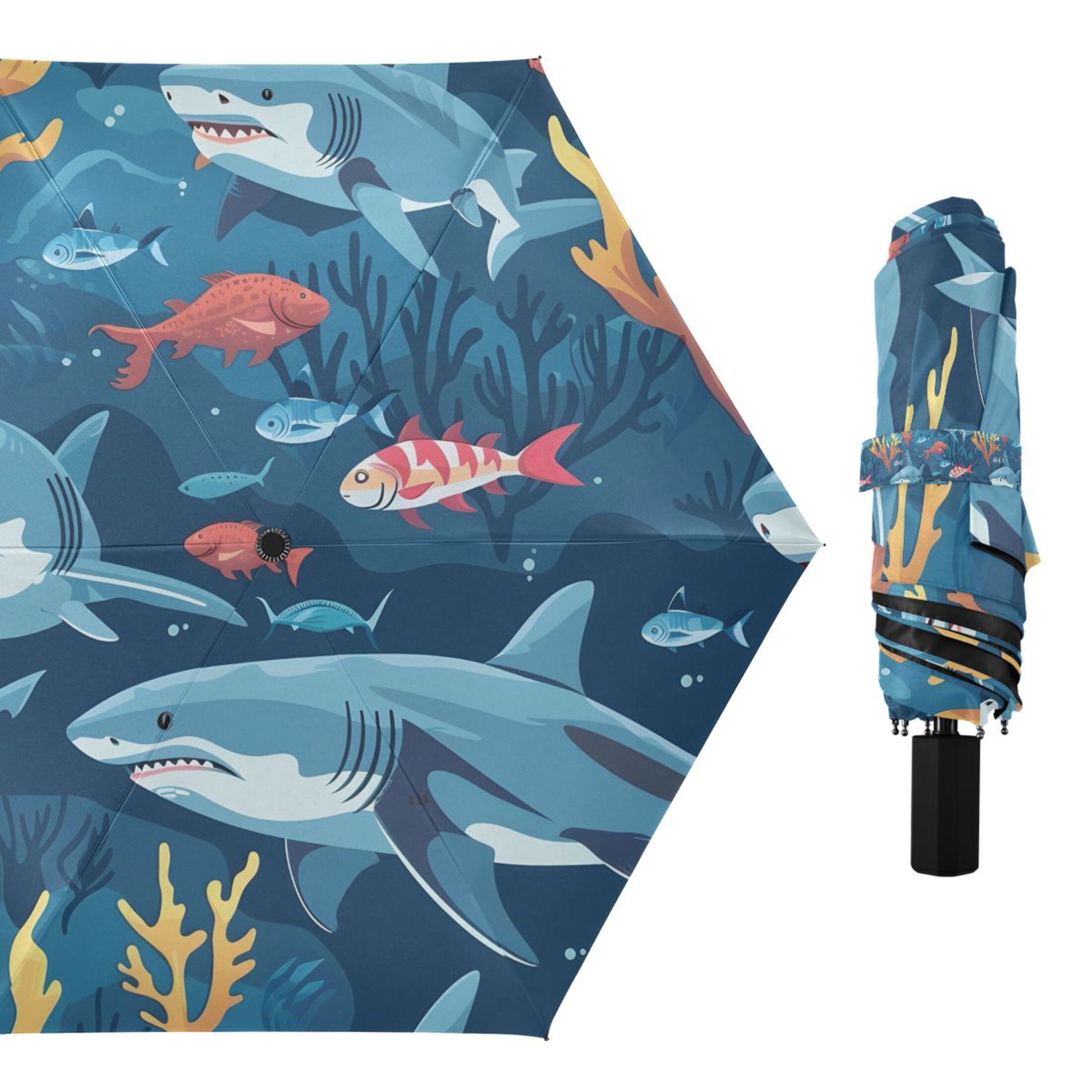 Cartoon Sharks Underwater Compact Sun Umbrella Windproof Travel Umbrellas for Rain Strong Portable UV Protection