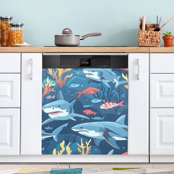 Cartoon Sharks Underwater Dishwasher Magnet Cover Magnetic Fridge Door Cover Home Kitchen Decor 23"x 26"