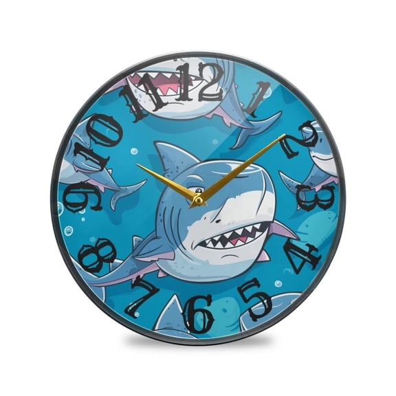 Cartoon Sharks Wall Clock 10 Inch Silent Non Ticking Battery Operated Easy to Read for Kitchen Living Room
