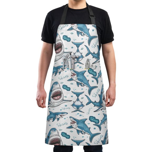 Cartoon Sharks and Stars Kitchen Apron with 2 Pockets Adjustable waterproof Cooking Aprons for Women Men Chef