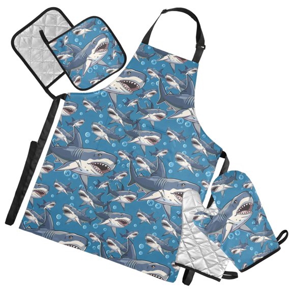 Cartoon Sharks in Sea 5 Pcs Kitchen Set Heat Resistant Oven Mitts and Non-Slip Pot Holders with Adjustable Cooking Apron