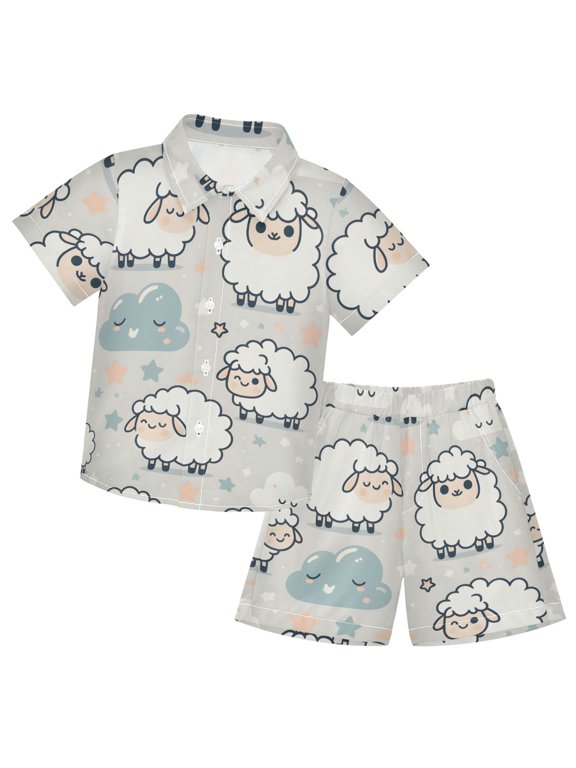 Cartoon Sheep Boys' Hawaiian Shorts Sets Button Down Shirts 3T-10Y for Beach Vacation