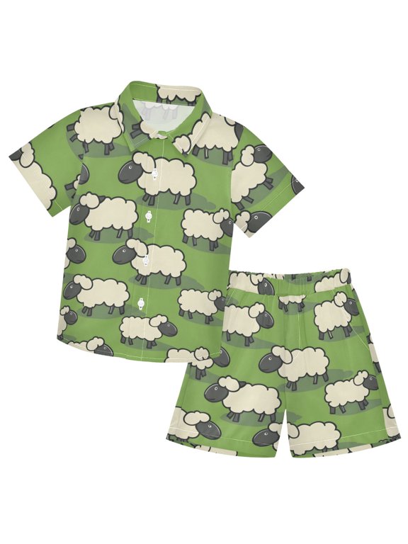 Cartoon Sheep Boys' Hawaiian Shorts Sets Button Down Shirts 3T-10Y for Beach Vacation