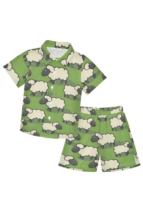 Cartoon Sheep Boys' Hawaiian Shorts Sets Button Down Shirts 3T-10Y for Beach Vacation
