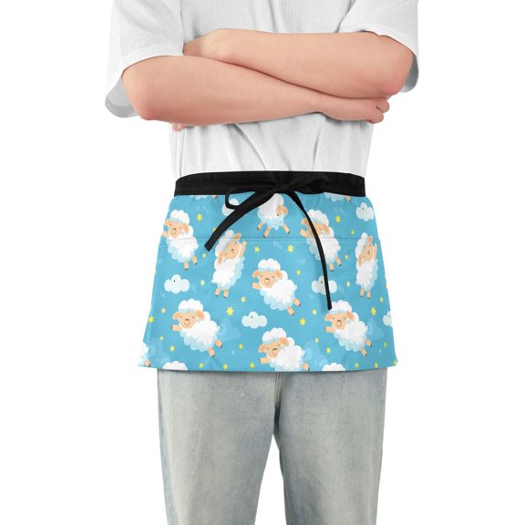 Cartoon Sheep Cloud Star Server Apron with 3 Pockets Waterproof Waitress Waist Short Apron for Man Woman 12 Inches