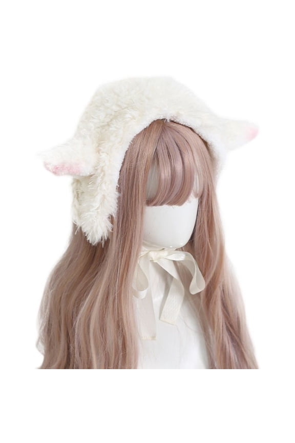 Cartoon Sheep Ear Hat White Color Winter Furry Knitted Hats for Women Plush Keep Warm Hats Cold Weather Supplies