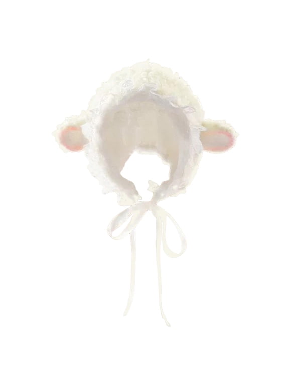 Cartoon Sheep Hat Plush Animal Ear Cap for Autumn Winter Warm Fuzzy Beanie with Strap for Party & Daily Wear