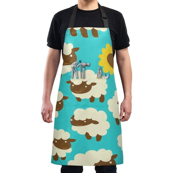 Cartoon Sheep Print Chef Kitchen Apron with Pockets for Women Waterproof Aprons for Cooking Baking