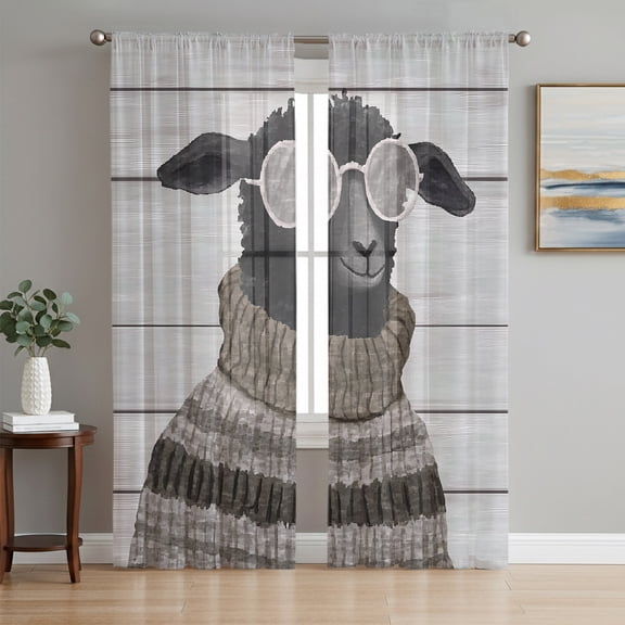 Cartoon Sheep Sheer Curtains 72 Inches Long, Funny Cute Glasses Grey Wood Plank Light Filtering Window Curtains for Living Room, Rod Pocket Voile Sheer Curtain Drapes, 52"W x 72"L, 2 Panels