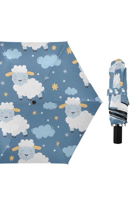 Cartoon Sheep Stars Clouds Compact Sun Umbrella Windproof Travel Umbrellas for Rain Strong Portable UV Protection
