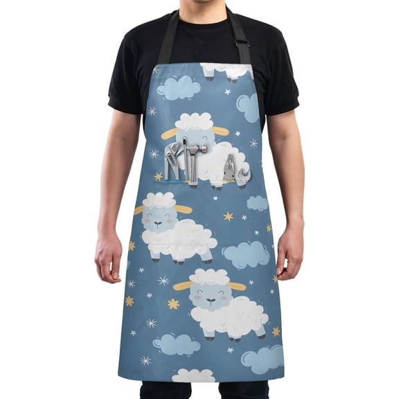 Cartoon Sheep Stars Clouds Kitchen Apron with 2 Pockets Adjustable waterproof Cooking Aprons for Women Men Chef
