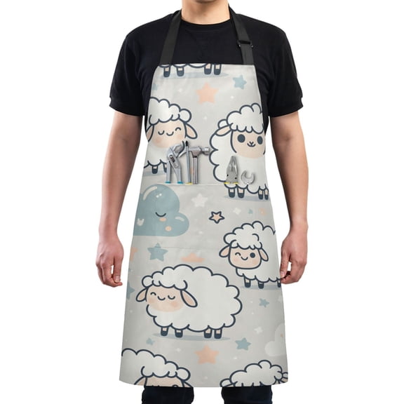 Cartoon Sheep and Cloud Kitchen Apron with 2 Pockets Adjustable waterproof Cooking Aprons for Women Men Chef