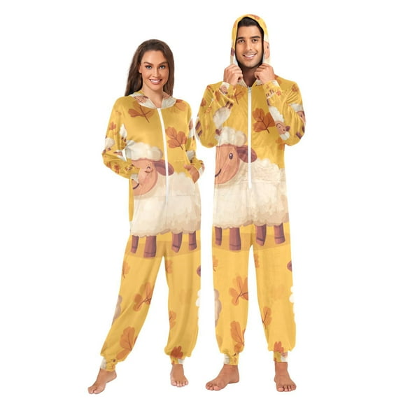 Cartoon Sheeps Adult Onesie Pajamas Slim Fit Christmas One Piece Suit Pjs for Women and Men Hooded Zipper