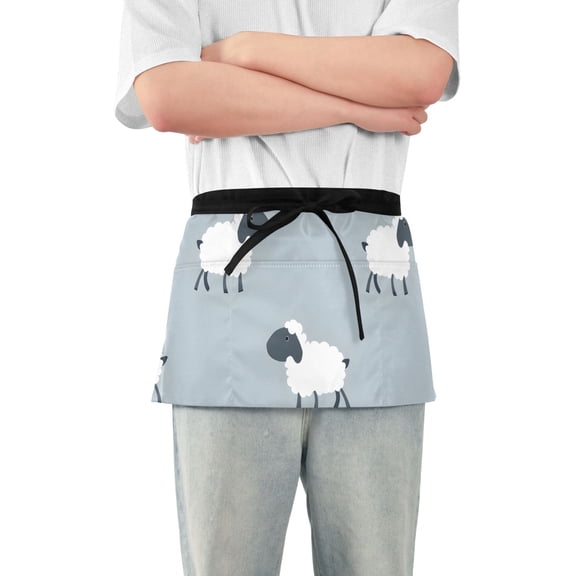 Cartoon Sheeps Short Server Apron with 3 Pockets for Unisex Chef Gardening