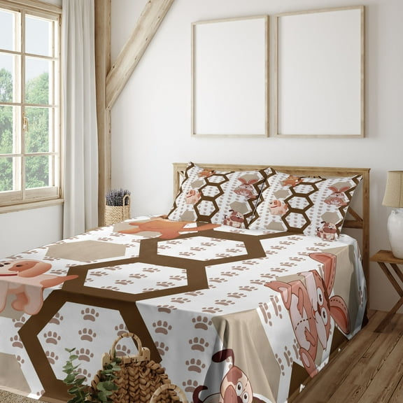 Ambesonne Cartoon Fitted & Top Sheet Set with Shams, Animals, Multicolor