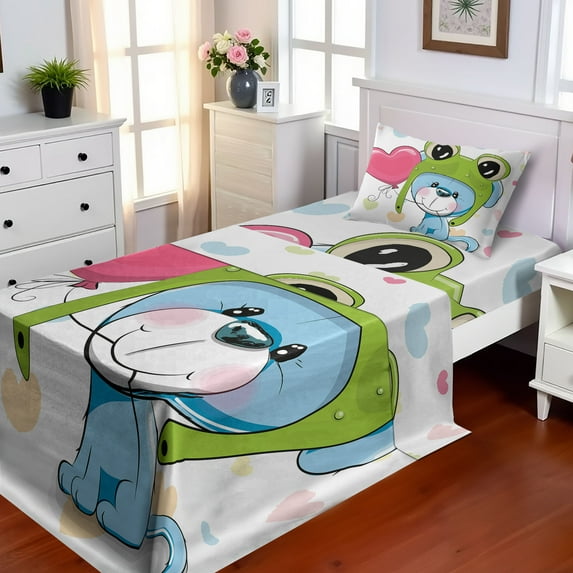 Ambesonne Cartoon Fitted & Top Sheet Set with Sham, Puppy Dog in Frog Hat, Blue Pink Green