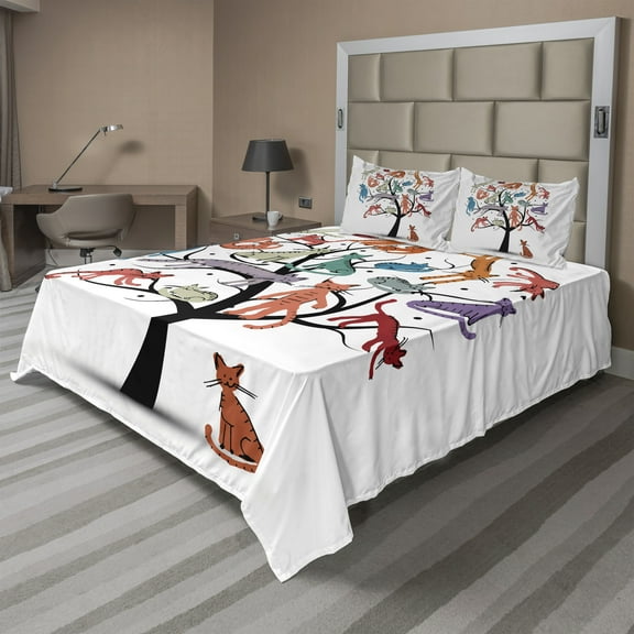 Ambesonne Colorful Fitted & Top Sheet Set with Shams, Cat Tree with Kittens, Multicolor