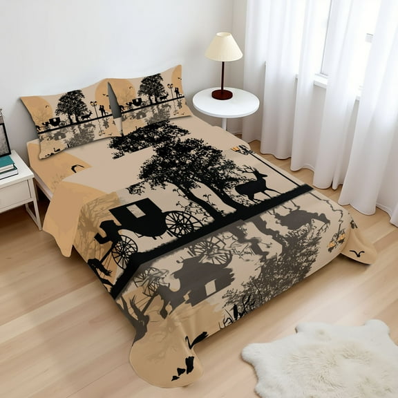 Ambesonne Cartoon Fitted & Top Sheet Set with Shams, Cinderella Tale Carriage, Black and Beige