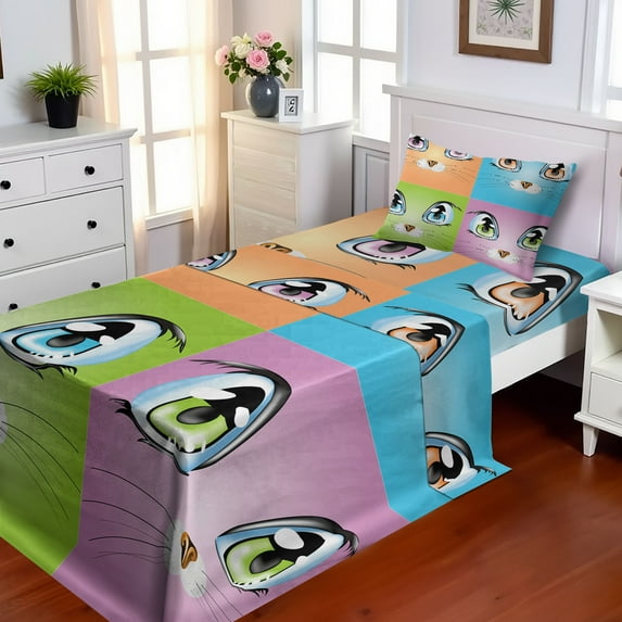 Ambesonne Cat Fitted & Top Sheet Set with Sham, Colorful Animal Kitten, Orange Purple Green